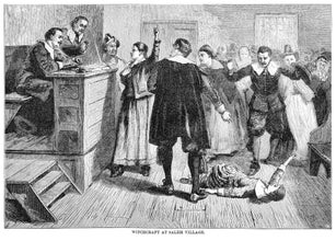 Old engraved illustration of witchcraft at Salem Village, trials were a series of hearings and prosecutions of people accused of witchcraft in colonial Massachusetts between February 1692 and May 1693