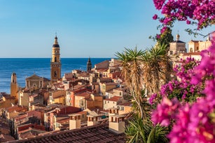 Scenic view of Menton's old town with colorful houses and the Mediterranean Sea