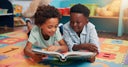 Friends, boy and book on floor in classroom, learning and together for education at academy. Children, happy and info on mat with literacy, development or reading for scholarship at elementary school