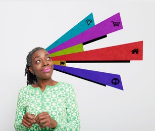 Portrait of a mature woman with financial planning graphics surrounding her