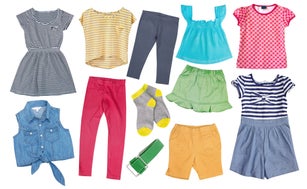 Child girl cotton bright summer clothes set collage isolated.