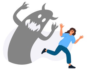 Frightened woman with phobias runs away from monster in fear. Afraid of shadow. Angry phantom. Horror illusion. Scary boogeyman. Panicked person escaping from ghost. Vector concept