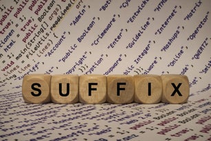 suffix - cube with letters and words from the computer, software, internet categories, wooden cubes