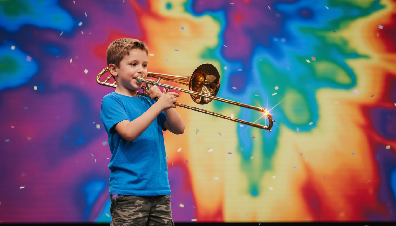 kid trombone player colorful background