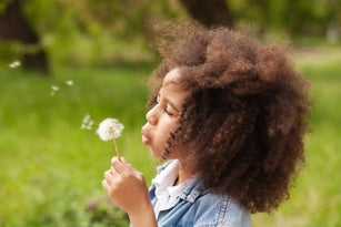 Lovely girl blowing on a dandelion