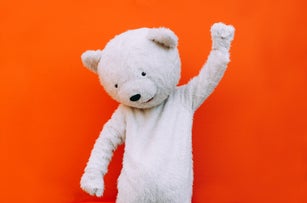 Polar bear character with a message for humanity, about global warming and pollution problems on our planet