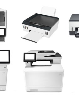 Professional office printer scanner copier machines on white background