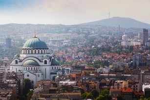 Belgrade downtown skyline with temple of Saint Sava and Avala tower
