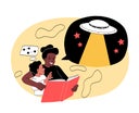Mother and child reading book about UFOs. Flat vector illustration.