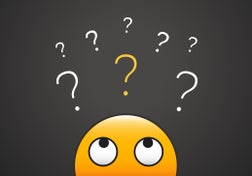 Cute emoji looking up to stack of question marks.