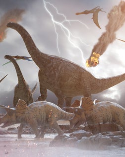 concept destruction of dinosaurs by a falling   meteorite, 3d render