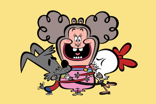 illustrated dog and ostrich hugging a bear