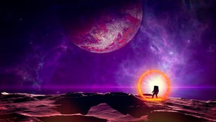 Travel in space time. Time traveler enters a portal that unites two worlds. Futuristic landscape of another planet. Sci-fi