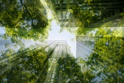 Cityscape mixed with green plants, multi layered image