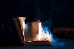 Open book with a shining door to magical worlds. The excitement of reading concept on a dark background with copy space
