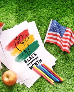 Black history month сhildren's drawing. African heritage . Celebrate Black Freedom. USA Flag