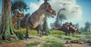 Dinosaurs in the forest.