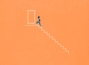 Girl climbing staircase leading towards door