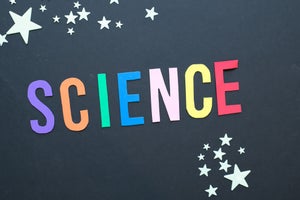 Aerial View of the word SCIENCE on a Desk stock photo