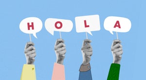 Hola Spanish Word Holding by Hands