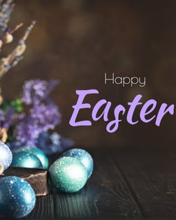 Happy Easter. Congratulatory easter background. Easter eggs and flowers. Selective focus.