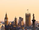 Elevated view of London Westminster skyline at sunset