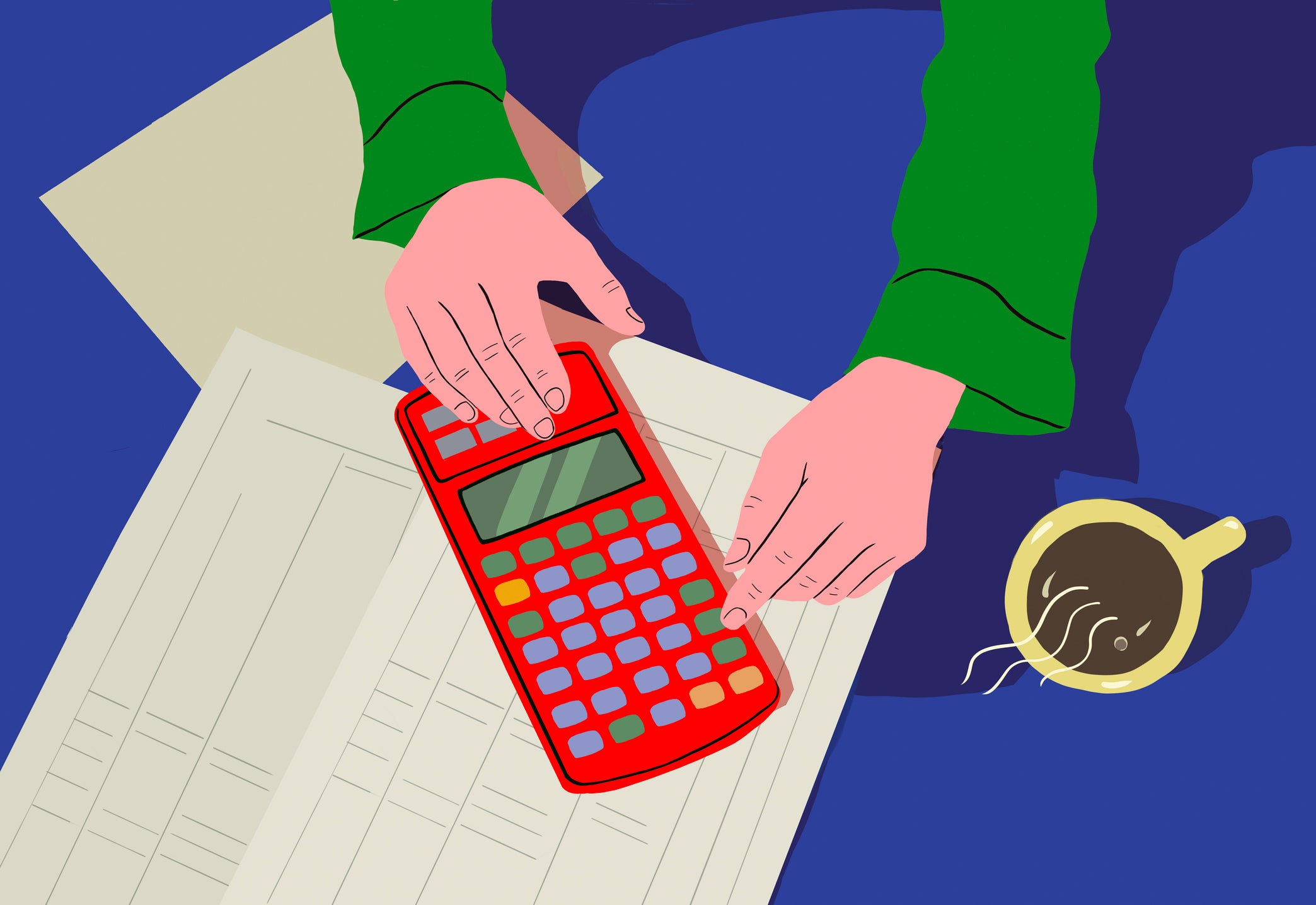 Close-up of hands using a red calculator on a document next to a spilt cup of coffee on a blue desk