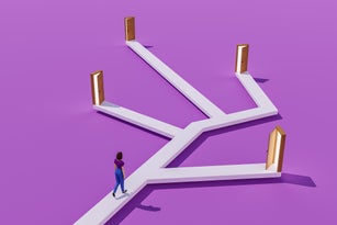 Woman walking on branching way leading to multiple doors, choice and decision