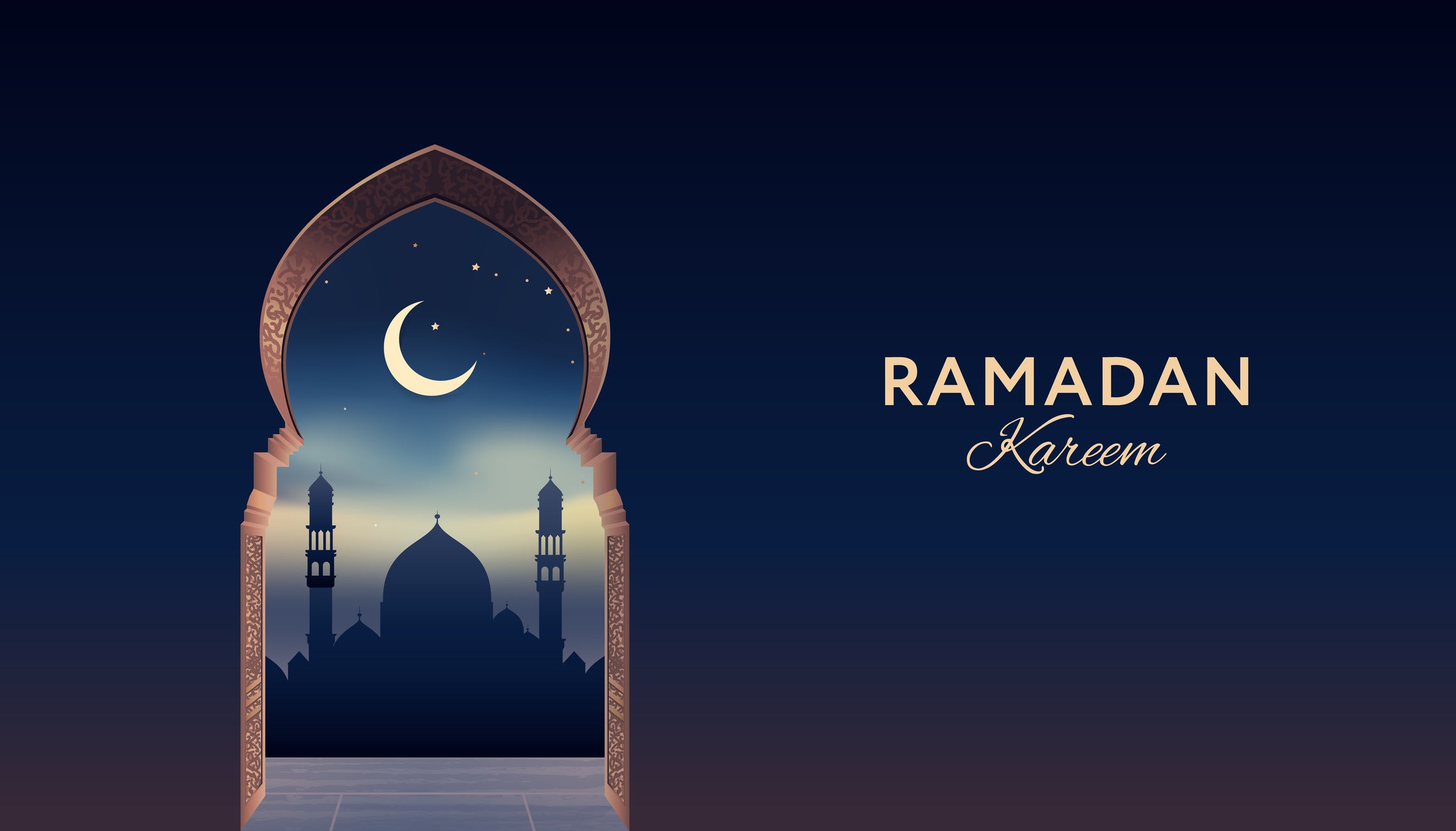 Ramadan Kareem banner with mosque silhouette, arch entrance on night background. Modern Islamic template design. Poster and social media banner, vector illustration.