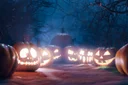 Halloween Backdrop. Halloween Pumpkins In Spooky Forest At Night.