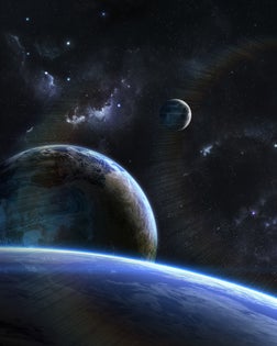 Outspace orbital view on alien planets and moons