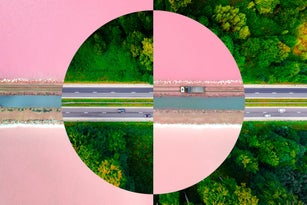 Creative picture montage with a circle shape, connecting different roads in different scenarios evoking sustainability.