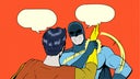 Vector Retro Pop Art a Superhero Stopping another Superhero about to Slap Him Meme Stock Illustration