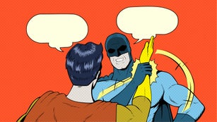 Vector Retro Pop Art a Superhero Stopping another Superhero about to Slap Him Meme Stock Illustration