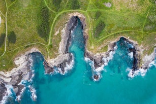Drone shot looking down on a section of the Cornish coastline, United Kingdom