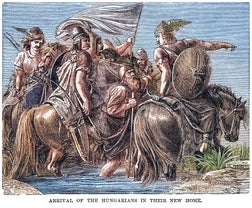 Old engraving illustration of arrival of the Hungarians in their new home