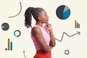 Collage of mature woman standing amongst financial symbols and graphs