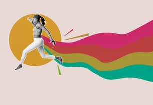 Collage of energetic woman in yoga outfit  leaping through the air with rainbow trail