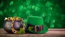 St Patrick's Day hat and pot with gold coins on green twinkling bokeh background