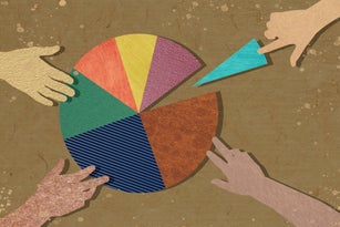 Four hands choosing sections of a pie chart