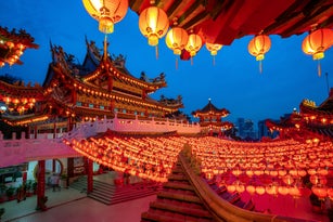 Traditional Chinese lanterns display in Thean Hou Temple illuminated for Chinese new year festival, Kuala Lumpur, Malaysia.