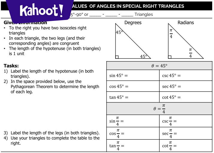 13.1c Trig values of angles in special right triangles WS - Kahoot! Quiz