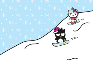 Hello Kitty and Bad badtz-maru snowboarding