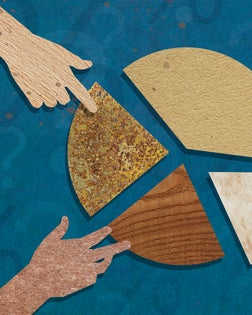 Four hands taking slices of a pie chart