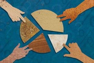 Four hands taking slices of a pie chart