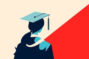 Graduation day achievement. Silhouette of a female scholar wearing a cap, over a dual-toned backdrop. Digital illustration.