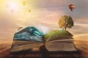 Concept of an open magic book; open pages with water and land and small child. Fantasy, nature or learning concept, with copy space