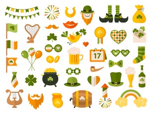St patrick. Celebration party items green clothes leprechaun with golden coins lucky symbols clover recent vector illustrations