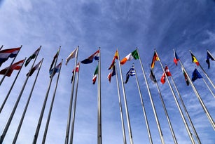 Flags of European states outside the Parliament in Strasbourg.