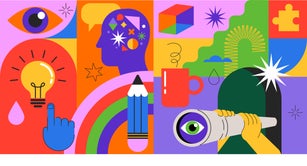 Idea, thinking out of the box, creativity and design concept background, banner, poster. Geometrical style vector design with light bulb, brain, pencil